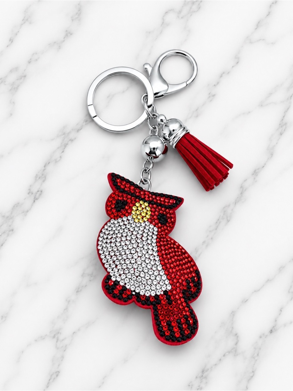 Red and White Rhinestoned Owl Bag Charm/Keyring on Silver Hardware